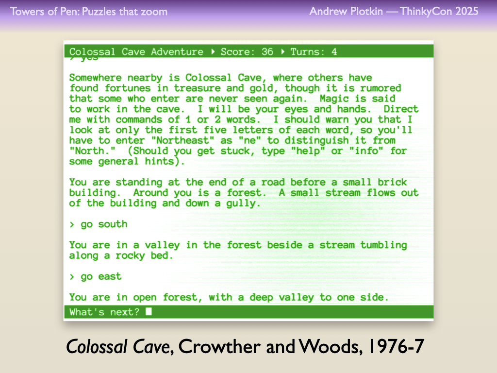 Colossal Cave, Crowther and Woods, 1976-7. The opening moves of the game, running in a green-and-white terminal window.