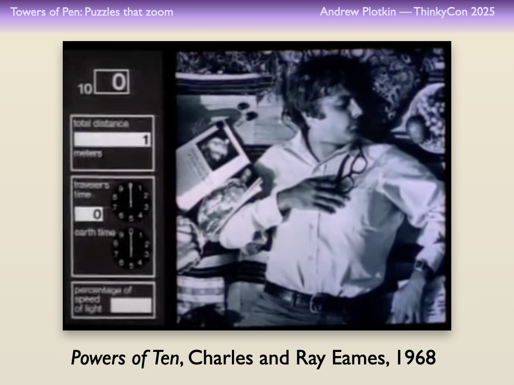 Powers of Ten, Charles and Ray Eames, 1968. A black-and-white photo of a man lying on a blanket.
