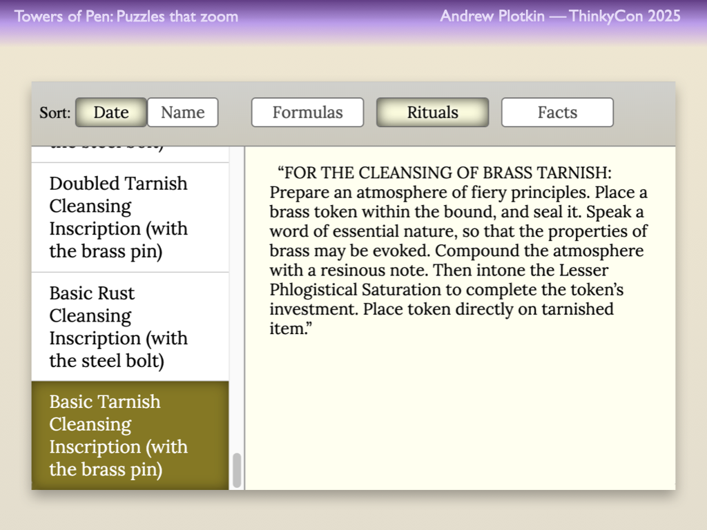 An alchemical recipe from the journal of Hadean Lands: “For the Cleansing of Brass Tarnish”.