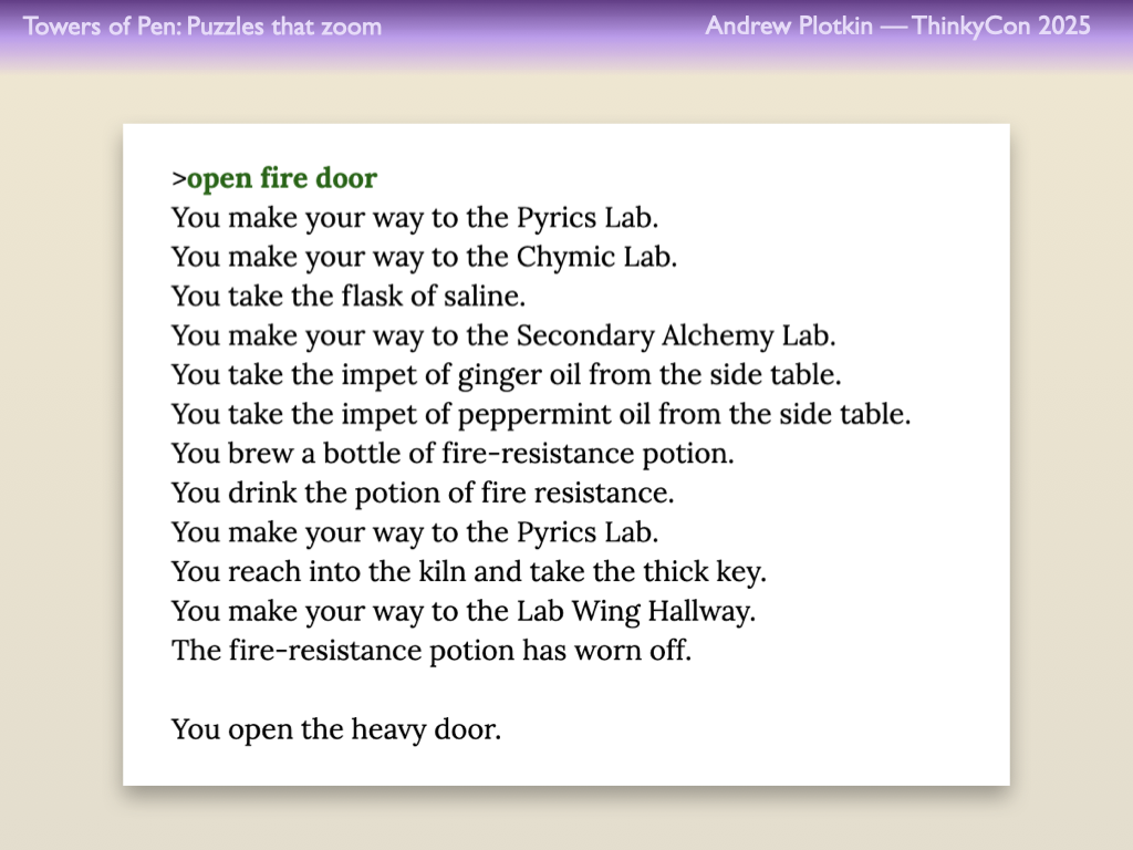 A turn in Hadean Lands. The command is OPEN FIRE DOOR; the response is a sequence of actions ending with “You open the heavy door.”