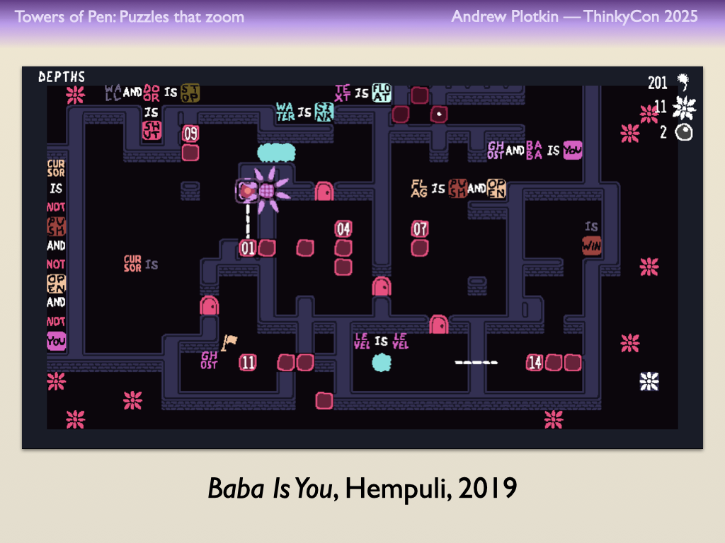Baba Is You, Hempuli, 2019. The level titled “Depths”: a grid puzzle with numbers and words in the grid.