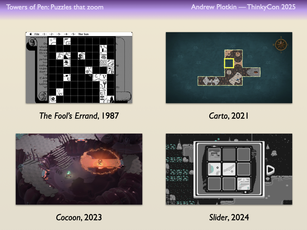 Screenshots from The Fool’s Errand (1987), Carto (2021), Cocoon (2023), and Slider (2024)