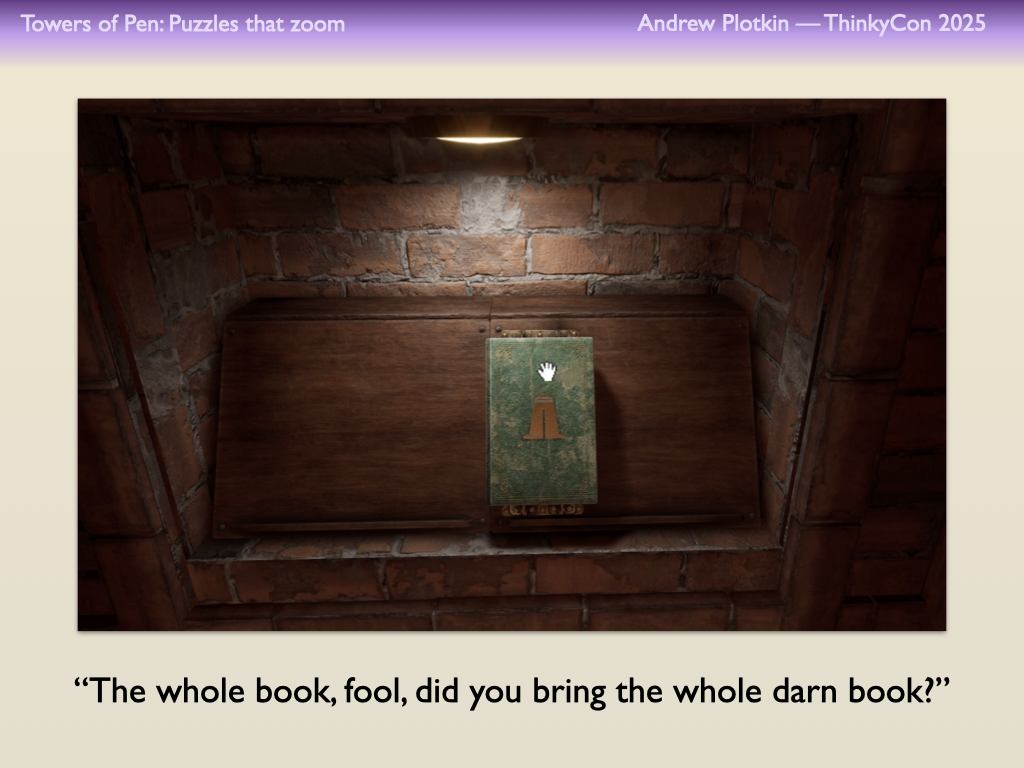 An image from the updated release of Myst (2020). Atrus says “The whole book, fool, did you bring the whole darn book?”