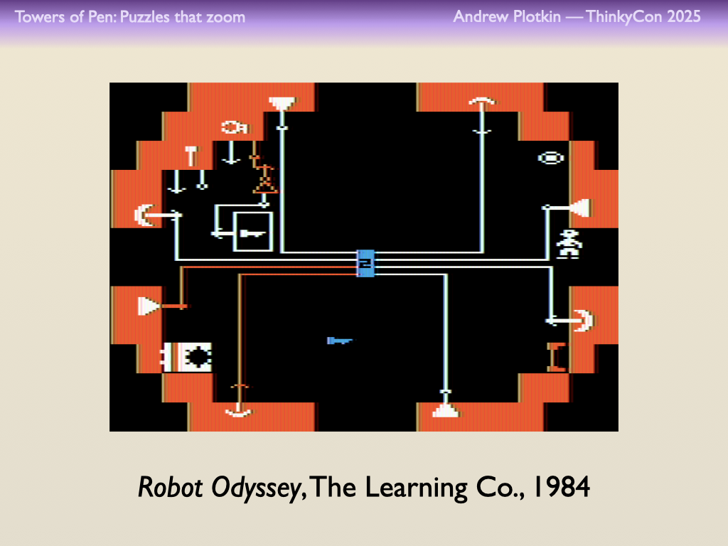 Robot Odyssey, The Learning Co., 1984. The blue rectangle in the center is a chip.