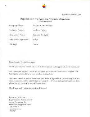 Registration letter from Apple